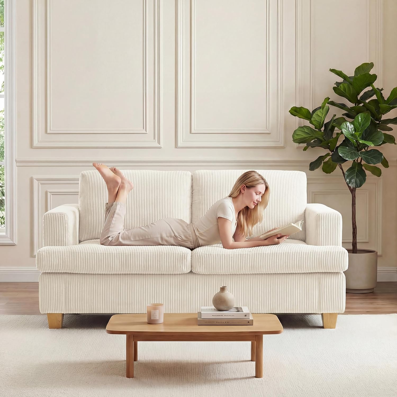 Apicizon 89'' 3-Seat Sofa Couch with 2 Loveseat, 3 Piece Corduroy Couches Sofa Set for Living Room, Modern Lounge Sofa Couches for Apartment Lounge, White