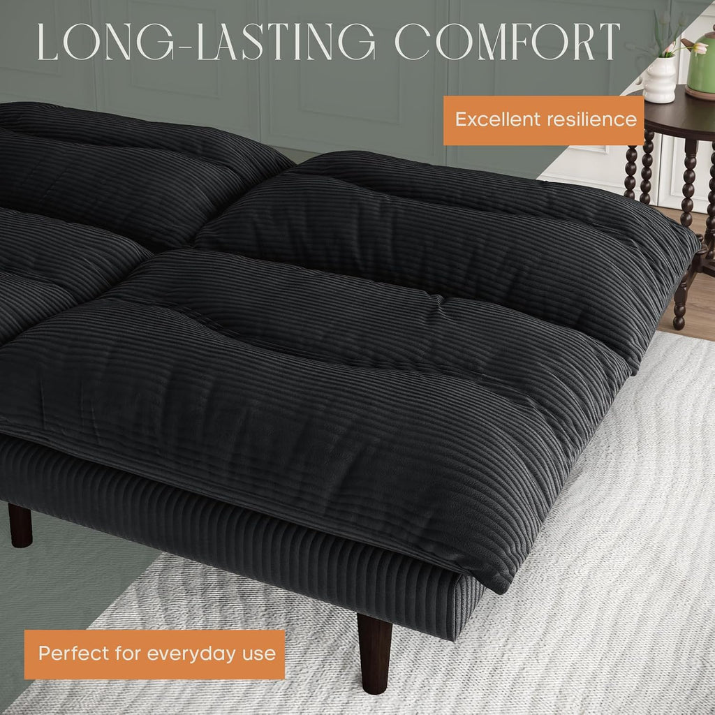 DreamDashio Futon Sofa Bed, 69 inch Futon Couch with Adjustable Backrest, Corduroy Convertible Sleeper Sofa Bed, Folding Sleeper Recliner for Apartment, Living Room, Office, Black