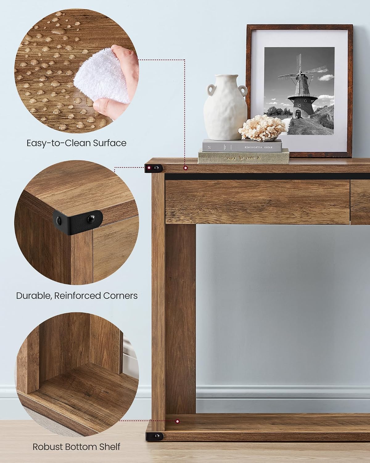 VASAGLE Sofa Console Table, 47.2 Inches Narrow Entryway Table with 3 Drawers, Bottom Shelf, Metal Corners, for Living Room, Bedroom, Farmhouse Style, Honey Brown ULNT143KB01S