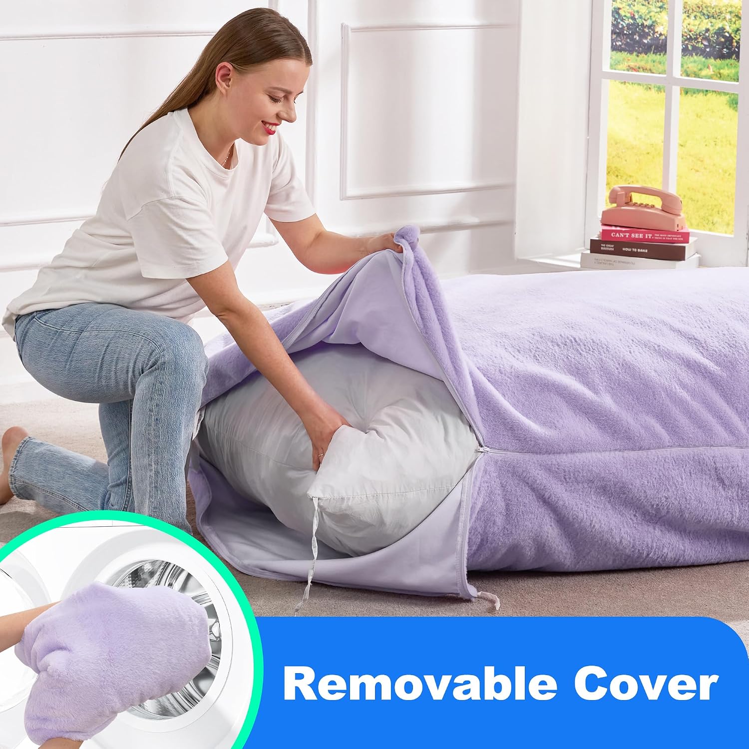 Hobestluk 3 in 1 Bean Bag Chair Giant Bean Bag Chairs for Adults with Plush Faux Fur Cover Convertible Bean Bag Floor Cushion with Machine Washable Cover for Living Room (Plush Purple)
