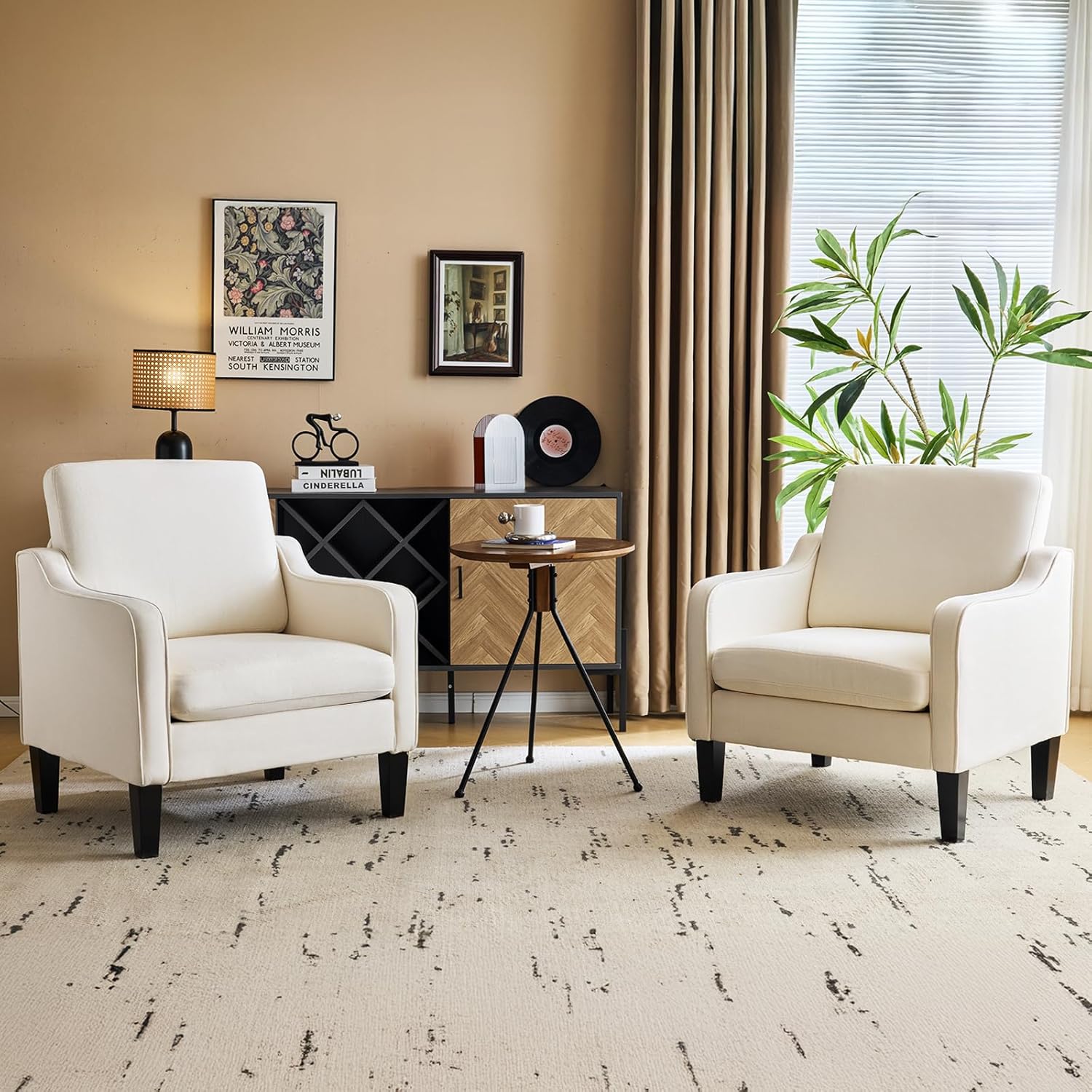 VINGLI Beige Accent Chairs for Living Room, Line Comfy Upholstered Chair Mid Century Modern Armchair for Bedroom, Home Office, Small Spaces, Apartment