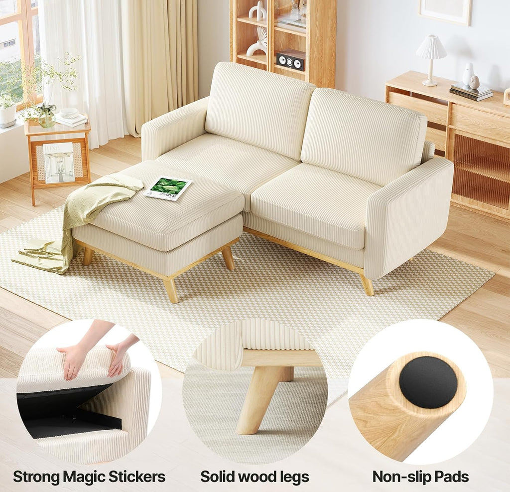 Vesgantti 68' Loveseat Sofa with Movable Ottoman, Comfy Corduroy Couch with Spring Cushion, Sofa Couch with Solid Wood, Modern Office Sofa with Deep Seat for Living Room and Bedroom, Beige