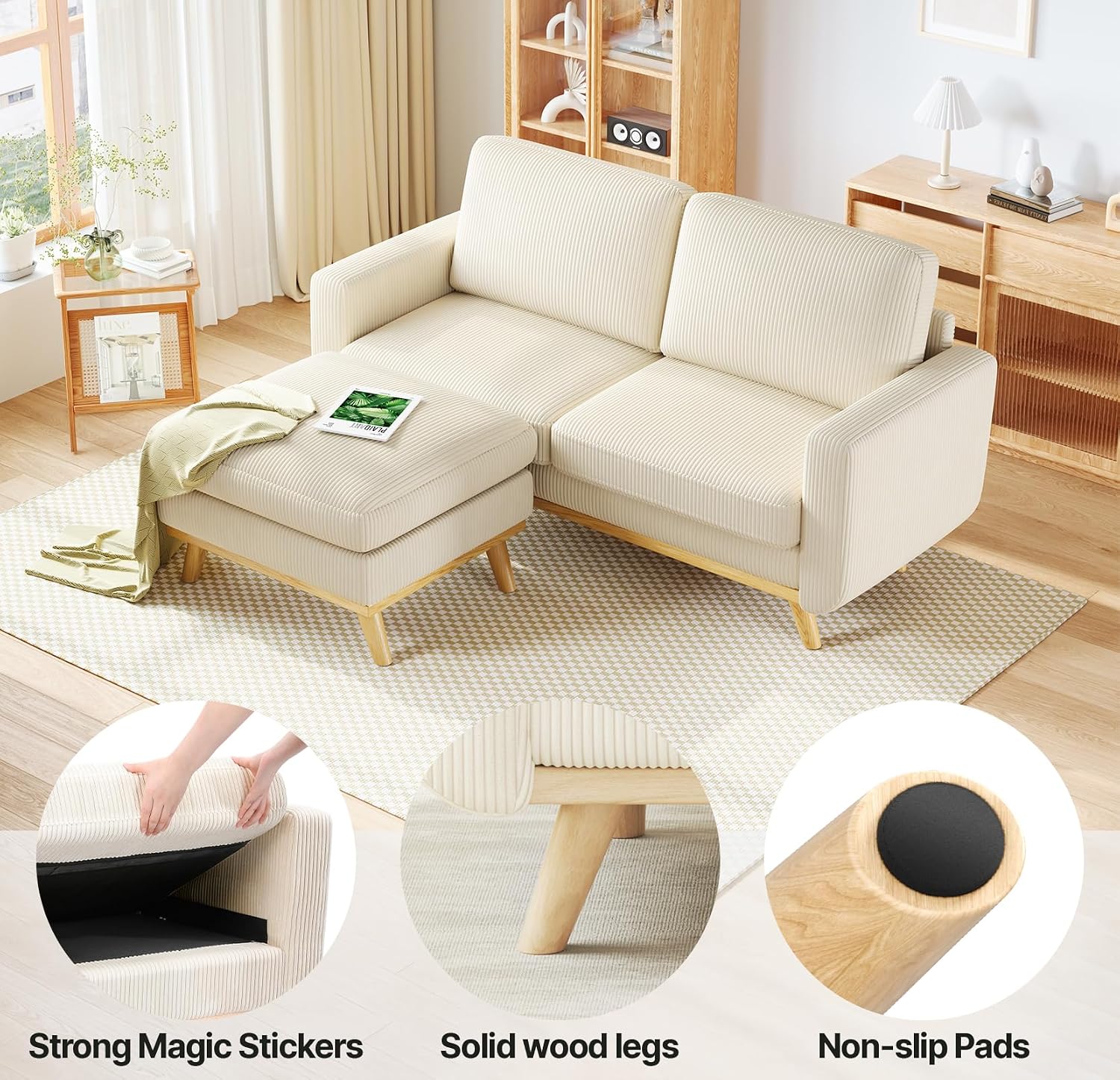 Vesgantti 68' Loveseat Sofa with Movable Ottoman, Comfy Corduroy Couch with Spring Cushion, Sofa Couch with Solid Wood, Modern Office Sofa with Deep Seat for Living Room and Bedroom, Beige