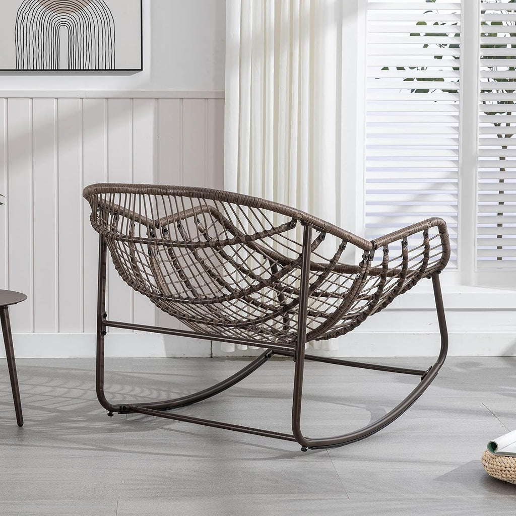 Papasan Rocking Chairs Outdoor Indoor, Oversized Rattan Rocker Patio Chair with Padded Cushion, Comfy Modern Indoor Egg Chair for Living Room, Bedroom, Porch, Garden, Balcony(Velvet, Olive Green)