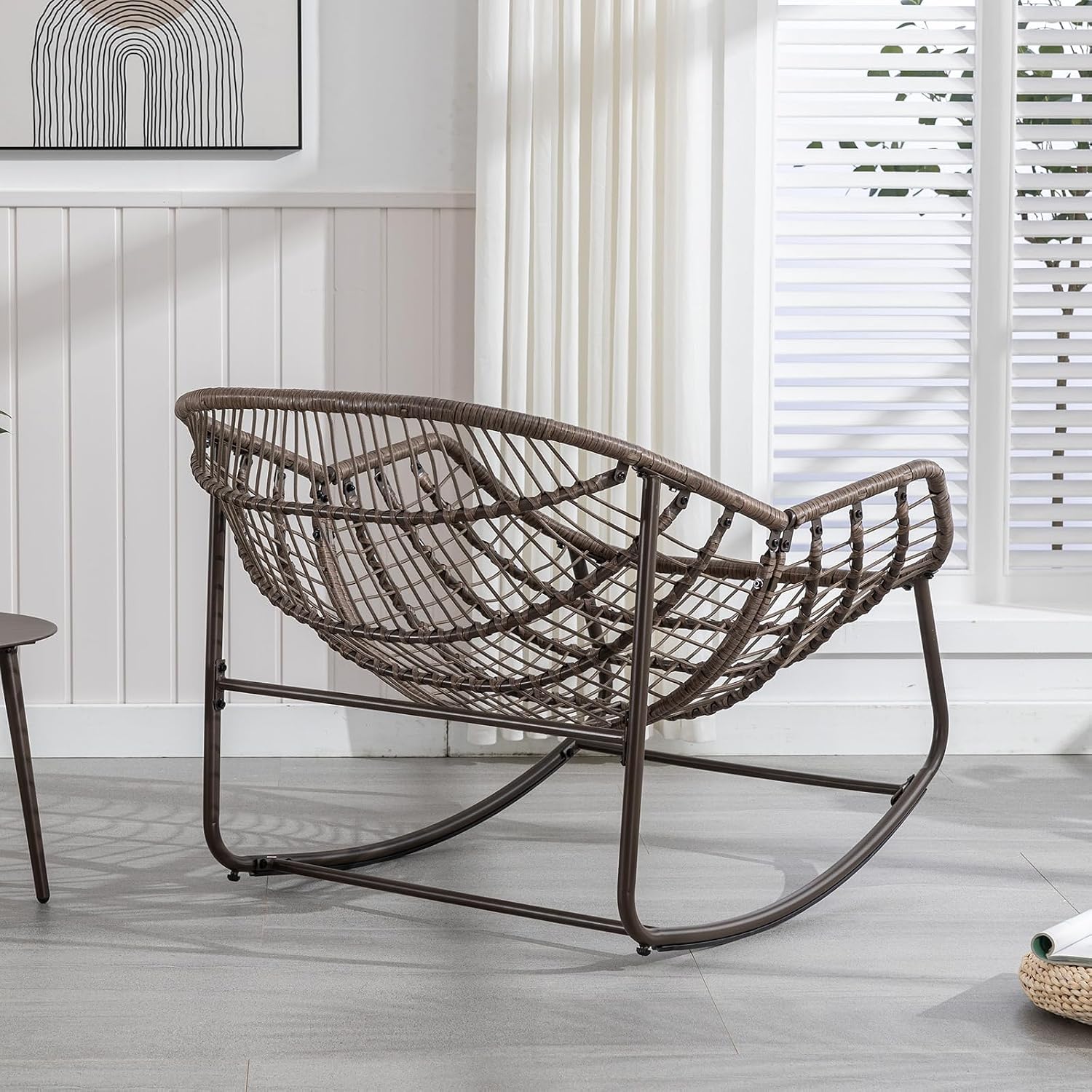 Papasan Rocking Chairs Outdoor Indoor, Oversized Rattan Rocker Patio Chair with Padded Cushion, Comfy Modern Indoor Egg Chair for Living Room, Bedroom, Porch, Garden, Balcony(Velvet, Olive Green)