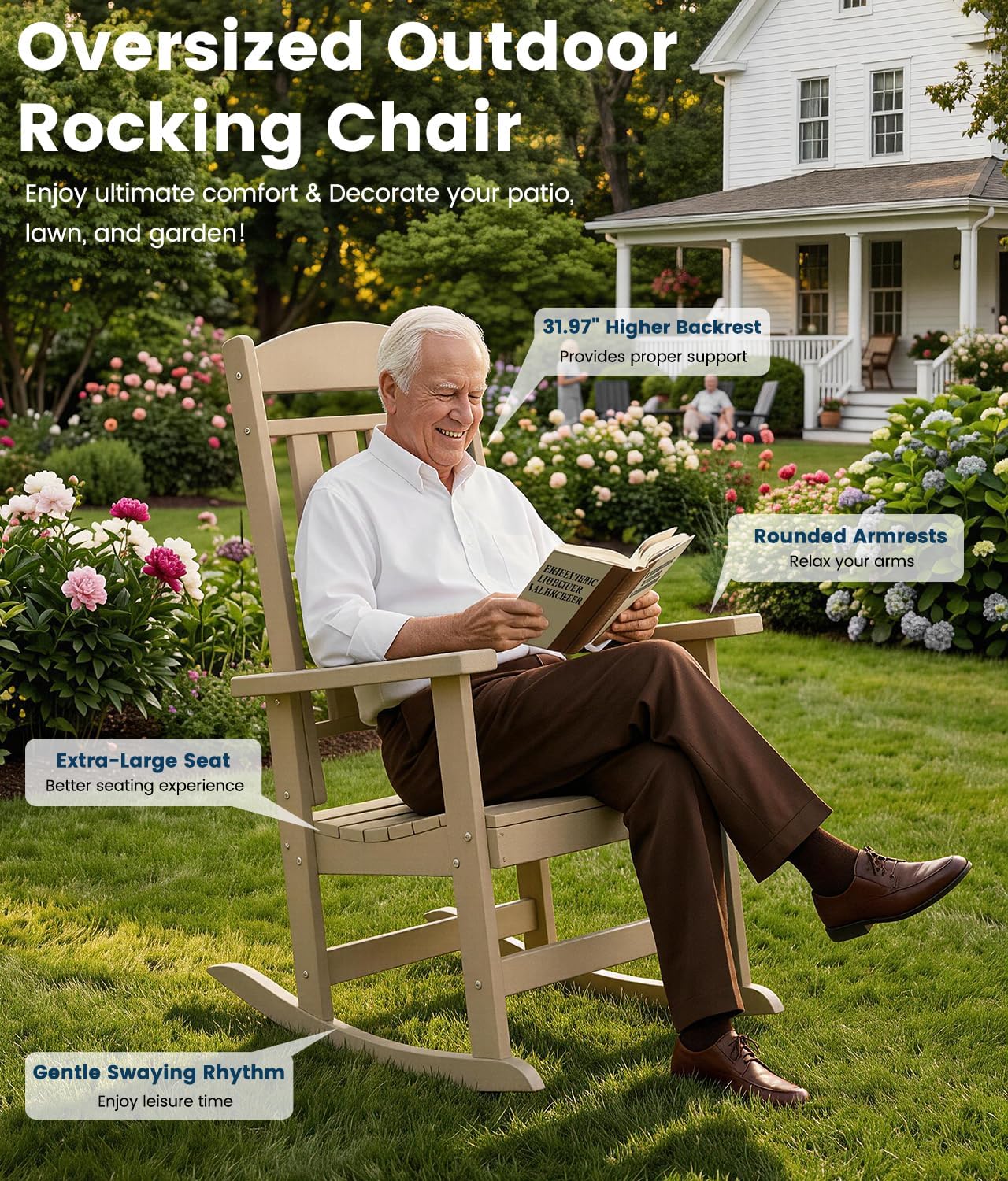 FOOWIN Outdoor Rocking Chair Set of 2, High Back Patio Rocking Chair, HDPE All Weather Resistant Porch Rocker for Adult, Oversized Rocking Chairs for Garden, Lawn, Indoor & Outdoor Use, Brown