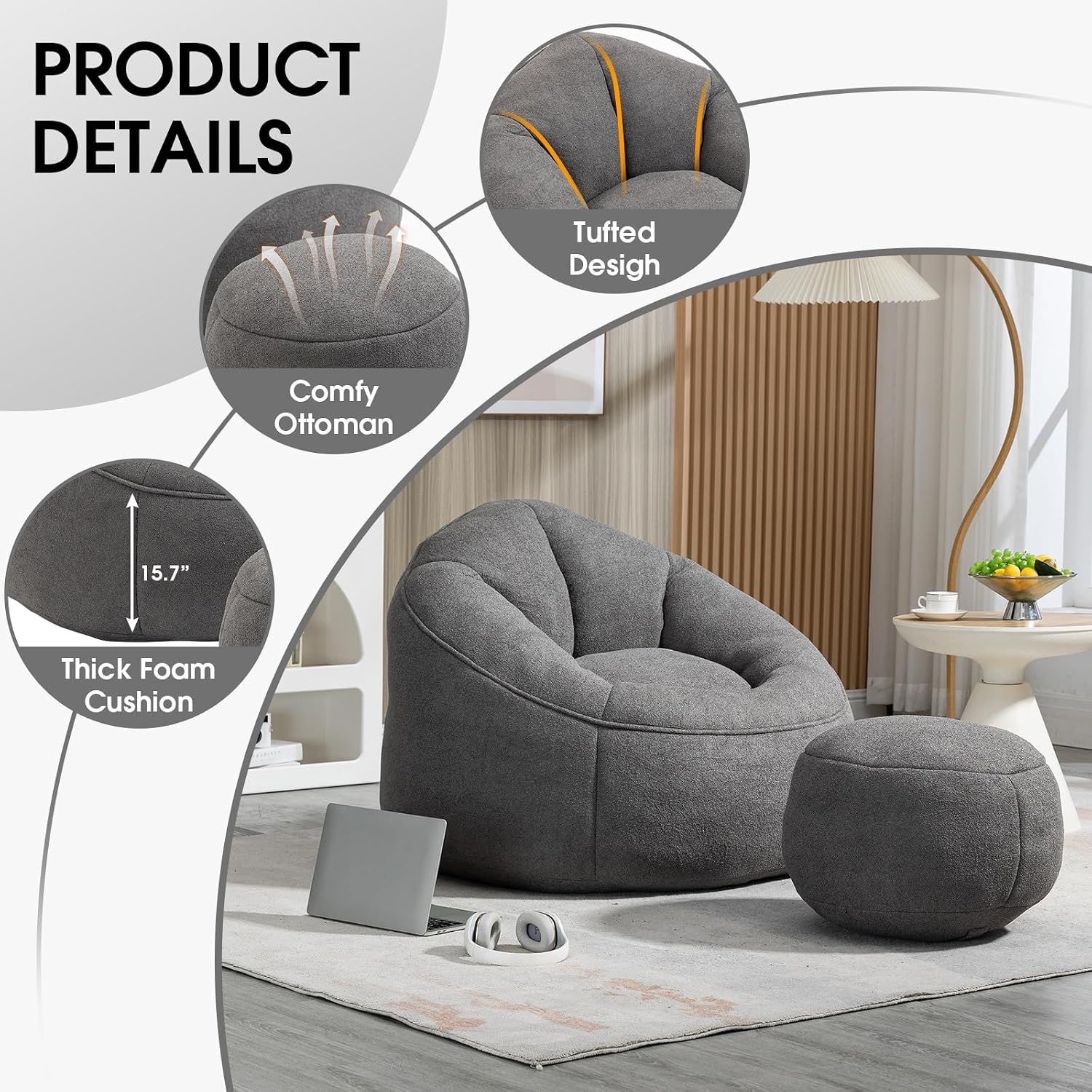 Bean Bag Chair for Adult, Microfiber Upholstered Bean Bag Sofa with Petal Back, Shell-Shaped Beanbag Chair with Footstool, Memory Foam Stuffed Lazy Sofa for Living Room, Bedroom (Grey)