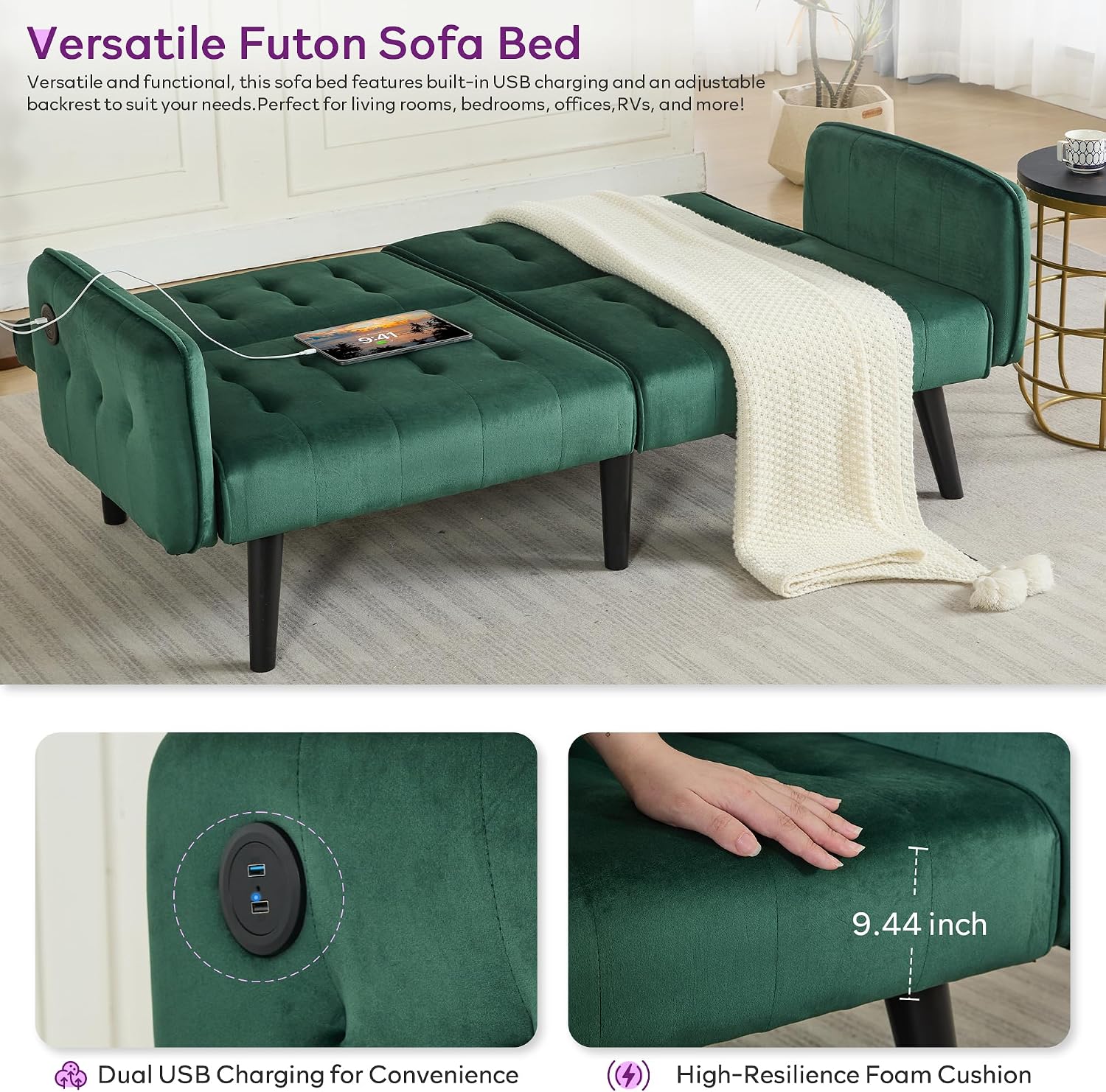 TYBOATLE 65' W Velvet Modern Convertible Folding Futon Couch Sofa Bed w/ 2 USB Charging Ports and arms, Loveseat for Living Room, Office, Apartment, Bedroom (Green)