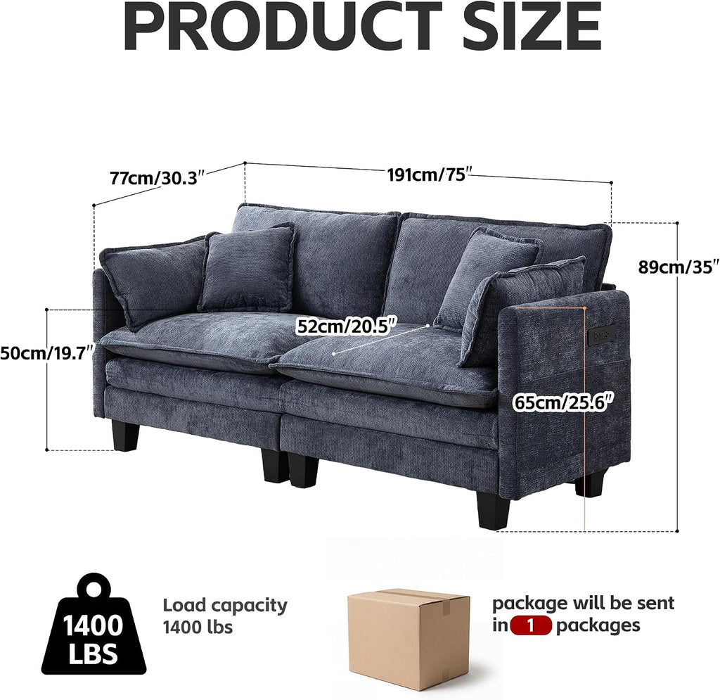 Modular Sectional Sofa, 75' Loveseat Modern Couches for Living Room, Comfy Cloud Couch with Deep Seat for Office and Apartment, with Charger, USB & Type-c Port, Blue Chenille Fabric