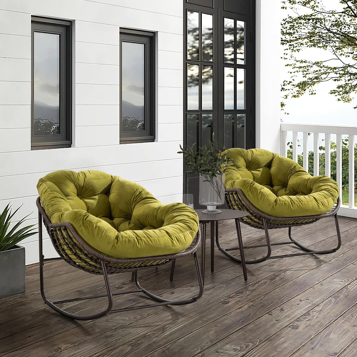 Papasan Rocking Chairs Outdoor Indoor, Oversized Rattan Rocker Patio Chair with Padded Cushion, Comfy Modern Indoor Egg Chair for Living Room, Bedroom, Porch, Garden, Balcony(Velvet, Olive Green)