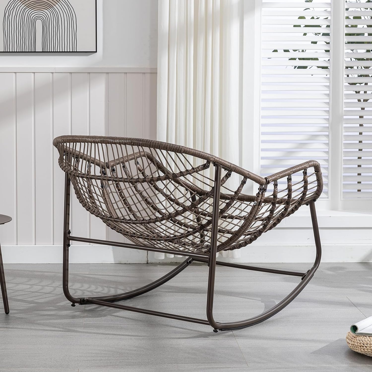 Papasan Rocking Chairs Outdoor Indoor, Oversized Rattan Rocker Patio Chair with Padded Cushion, Comfy Modern Indoor Egg Chair for Living Room, Bedroom, Porch, Garden, Balcony(Corduroy, Light Green)