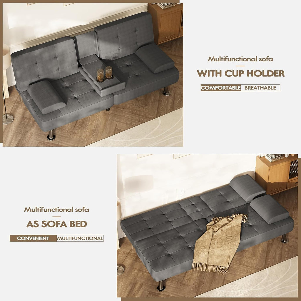 Homall Futon Sofa Bed, Futon Couch with Removable Armrests, Adjustable Recliner Sleeper Sofa Bed with Dual Cup Holders for Living Room, Apartment, Office (Fabric, Dark Grey)