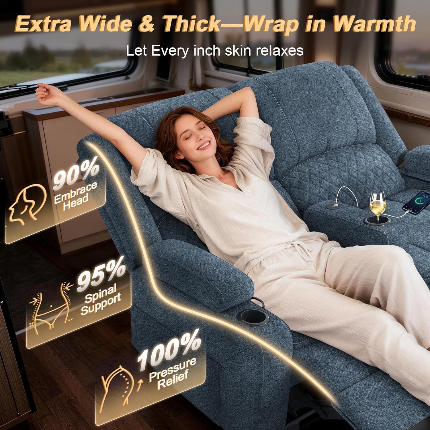 RV Loveseat Recliner Wall Hugger, Manual RV Reclining Loveseat with Removable Armrest, 3X Adjustable Theater Wall Hugger Loveseat Recliners with USB Ports, Cup Holders, Multi-Storage (Fabric,Blue)