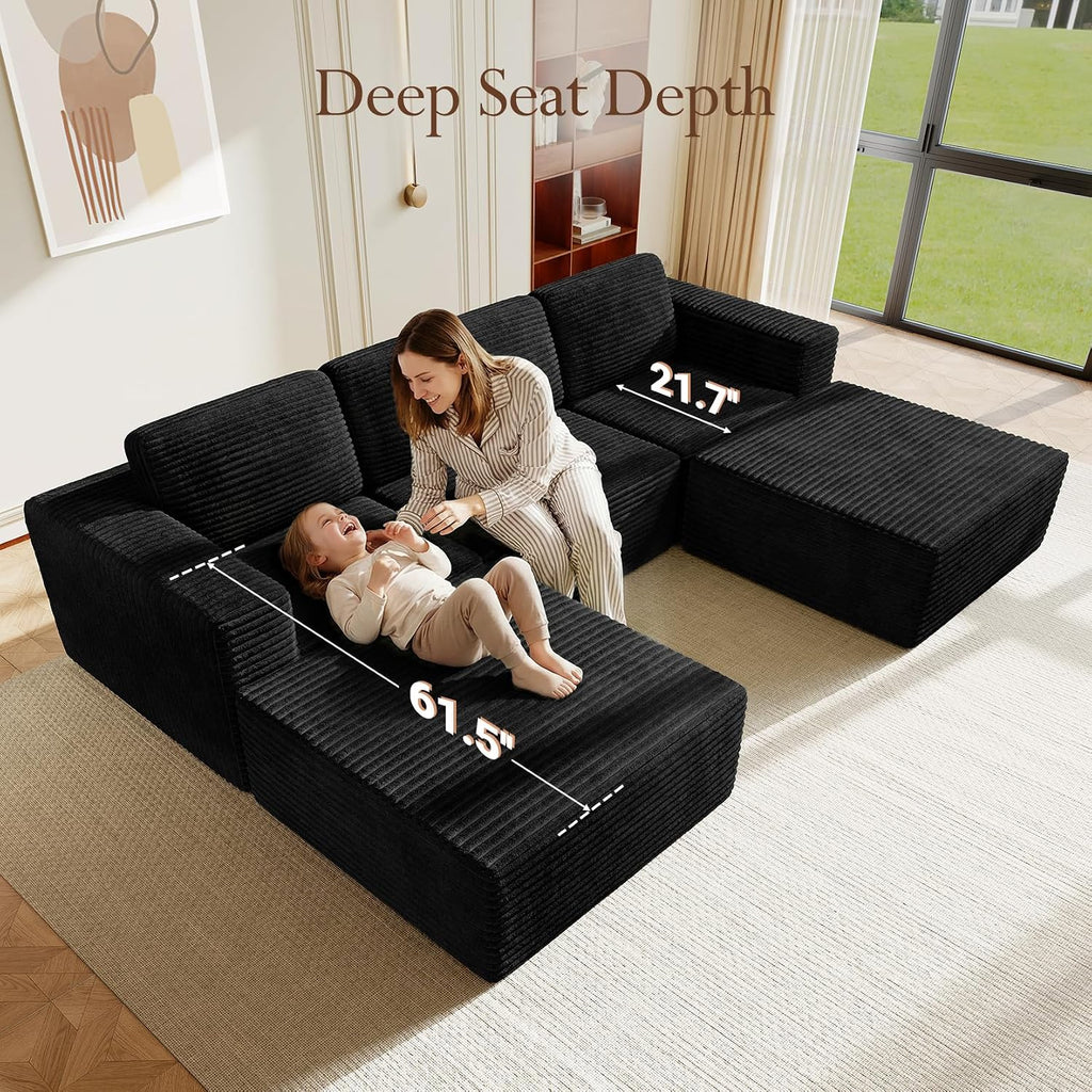 Vesgantti 119' Oversized U-Shaped Modular Sectional Sofa, Corduroy Cloud Couch with Deep Seating & Spring Support, Convertible Sofa with 2 Ottomans, Boneless Couch, No Assembly Required, Black