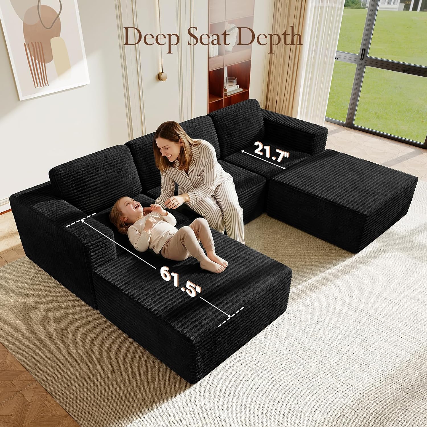 Vesgantti 119' Oversized U-Shaped Modular Sectional Sofa, Corduroy Cloud Couch with Deep Seating & Spring Support, Convertible Sofa with 2 Ottomans, Boneless Couch, No Assembly Required, Black
