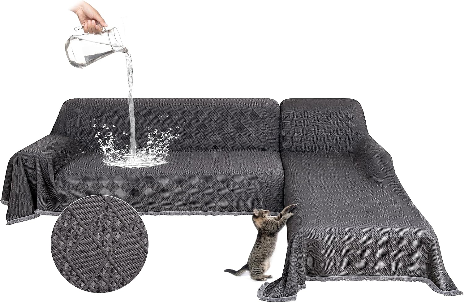 Waterproof L Shaped Sectional Couch Covers Blanket 2 Piece Sectional Sofa Cover Washable L Shape Sofa Slipcover Jacquard Quilted Furniture Protector for Dogs Pets Cats (X-Large, Dark Grey)