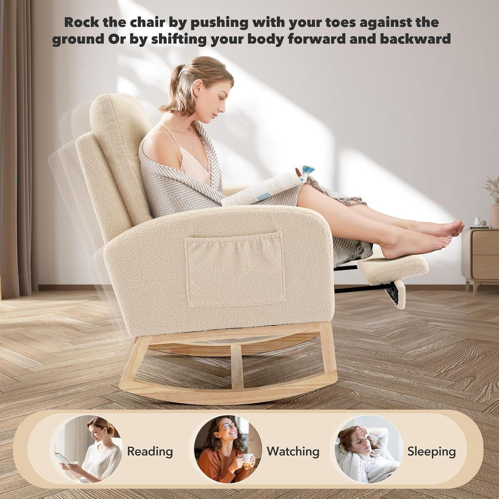 Nursery Rocking Chair with Foot Rest,Modern PU Upholstered Reading Glider Chair,High Backrest & Side Pocket for Living Room, Bedroom, Baby Room