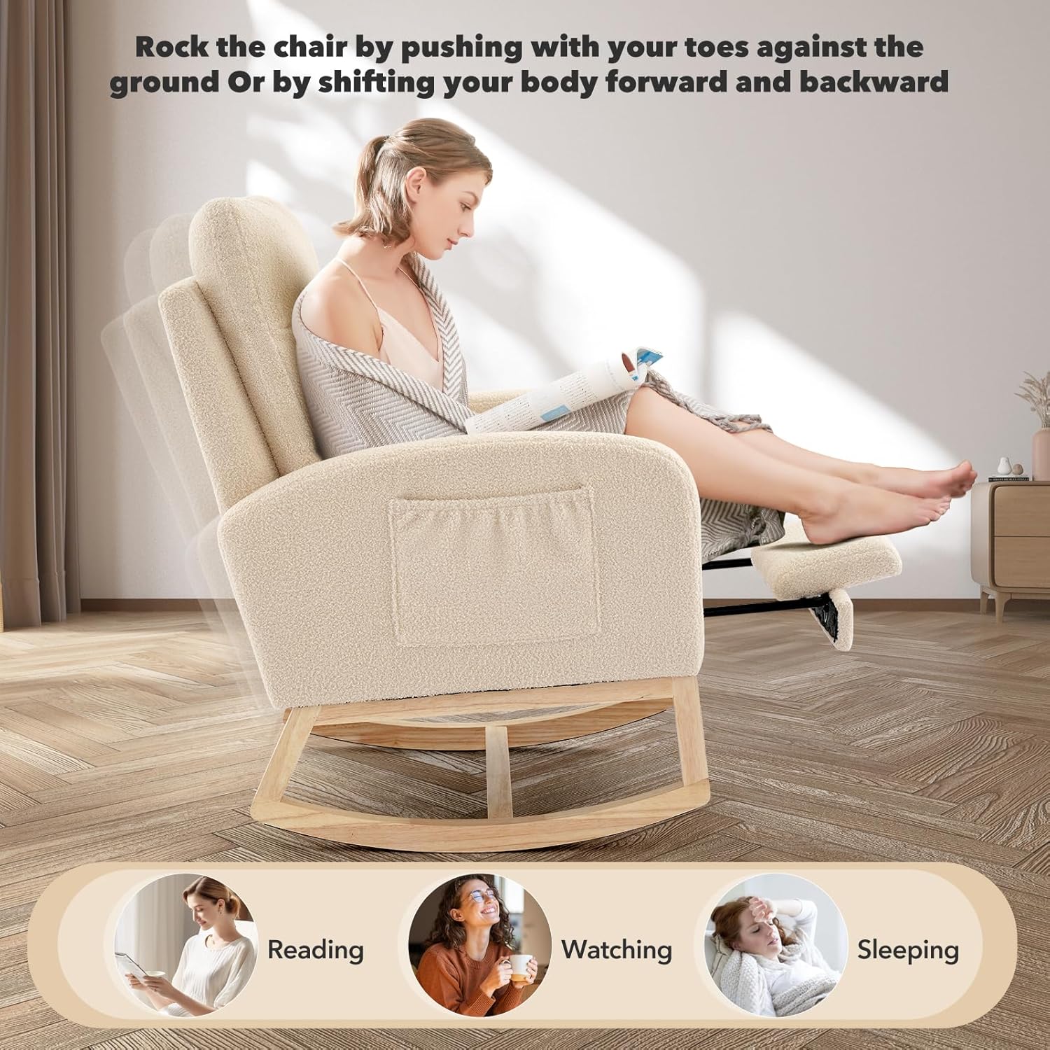 Nursery Rocking Chair with Foot Rest,Modern PU Upholstered Reading Glider Chair,High Backrest & Side Pocket for Living Room, Bedroom, Baby Room