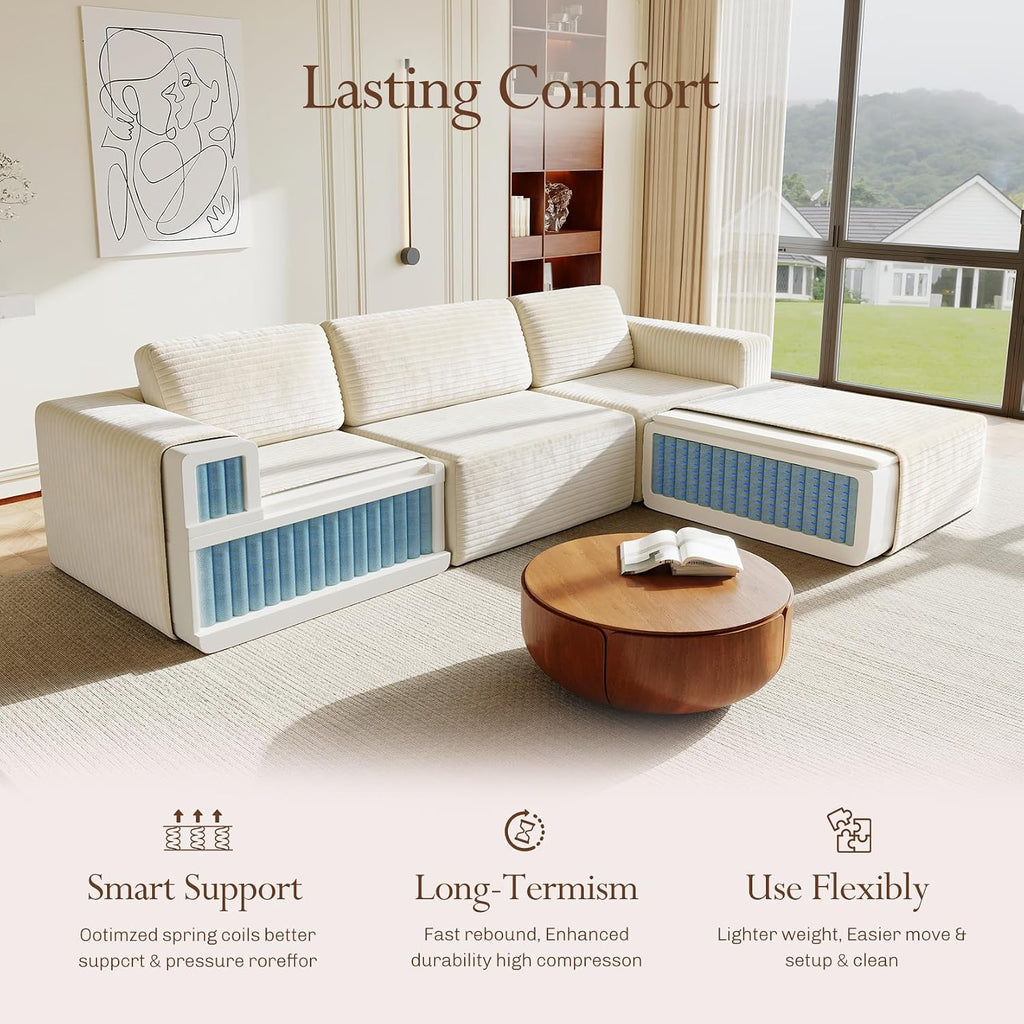 Vesgantti 119' L-Shaped Modular Sectional Sofa, Corduroy Cloud Couch with Deep Seating & Spring Support, Flexible Layout Sofa with Ottoman, Boneless Style, No Assembly Required, Beige