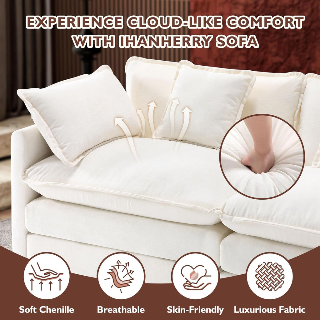 Ihanherry 111.4 Inch 3-Seater Cloud Sofa, Modular Sectional Couch, Modern Deep Seat Sofa for Living Room, Comfy Double Layer Upholstered Seat Cushion, Breathable Chenille Fabric, Beige