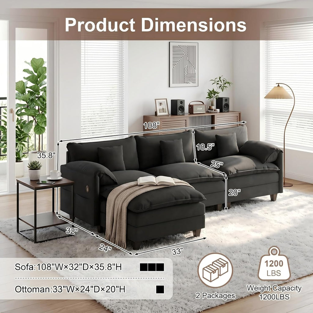 KCGKCG Modular Sectional Sofa, 108' Comfy Cloud Couch with Movable Ottoman | Charging Station | Side Pocket | Throw Pillow, Modern L-Shaped Couches for Living Room, Chenille, Classic Black