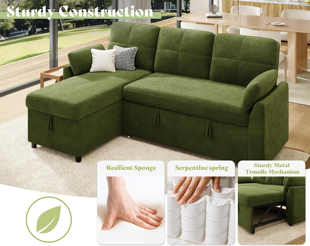 AMEILIFE Sofa Bed, Sleeper Sofa with Storage Chaise, Convertible Sofa Bed with Pull Out Couch, l Shaped Couch for Living Room-Green Linen