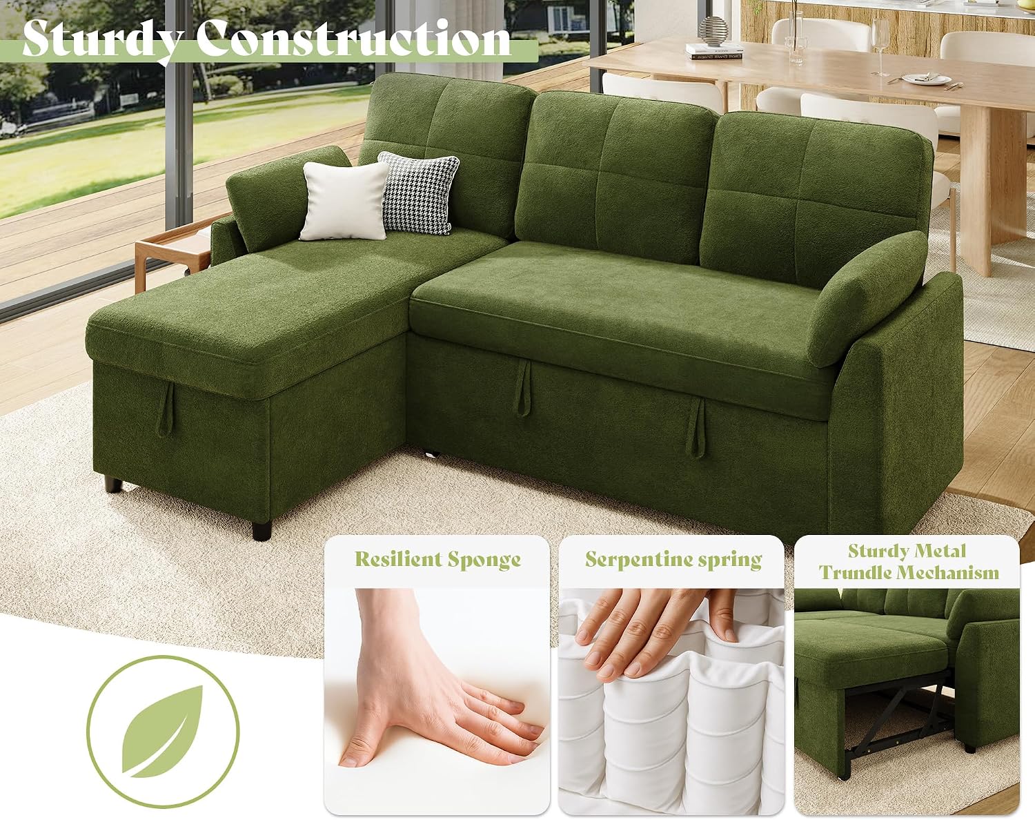 AMEILIFE Sofa Bed, Sleeper Sofa with Storage Chaise, Convertible Sofa Bed with Pull Out Couch, l Shaped Couch for Living Room-Green Linen