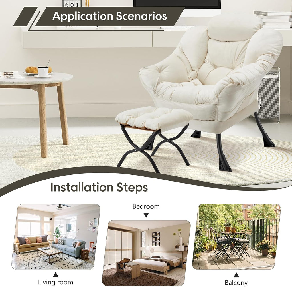 Lazy Chair with Folding Ottoman Modern Large Accent Chair,Contemporary Lounge Leisure Sofa Chair with Armrests Upholstered Sofa Armchair Reading Chair for Bedroom,Dorm & Office (Beige-f)