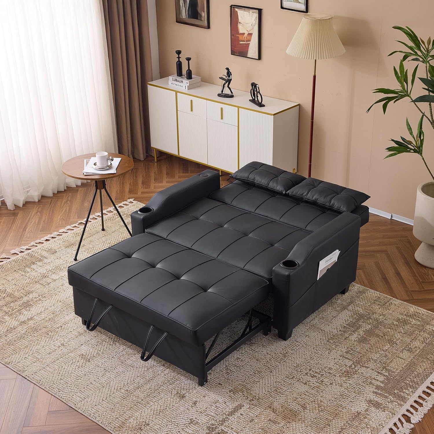 VINGLI Black Futon Sofa Bed Convertible Loveseat Sleeper Couch, Faux Leather Pullout Sofa Fold Out Couch Bed with USB Ports, Cup Holders, Armrest for Living Room, Bedroom Apartment Room