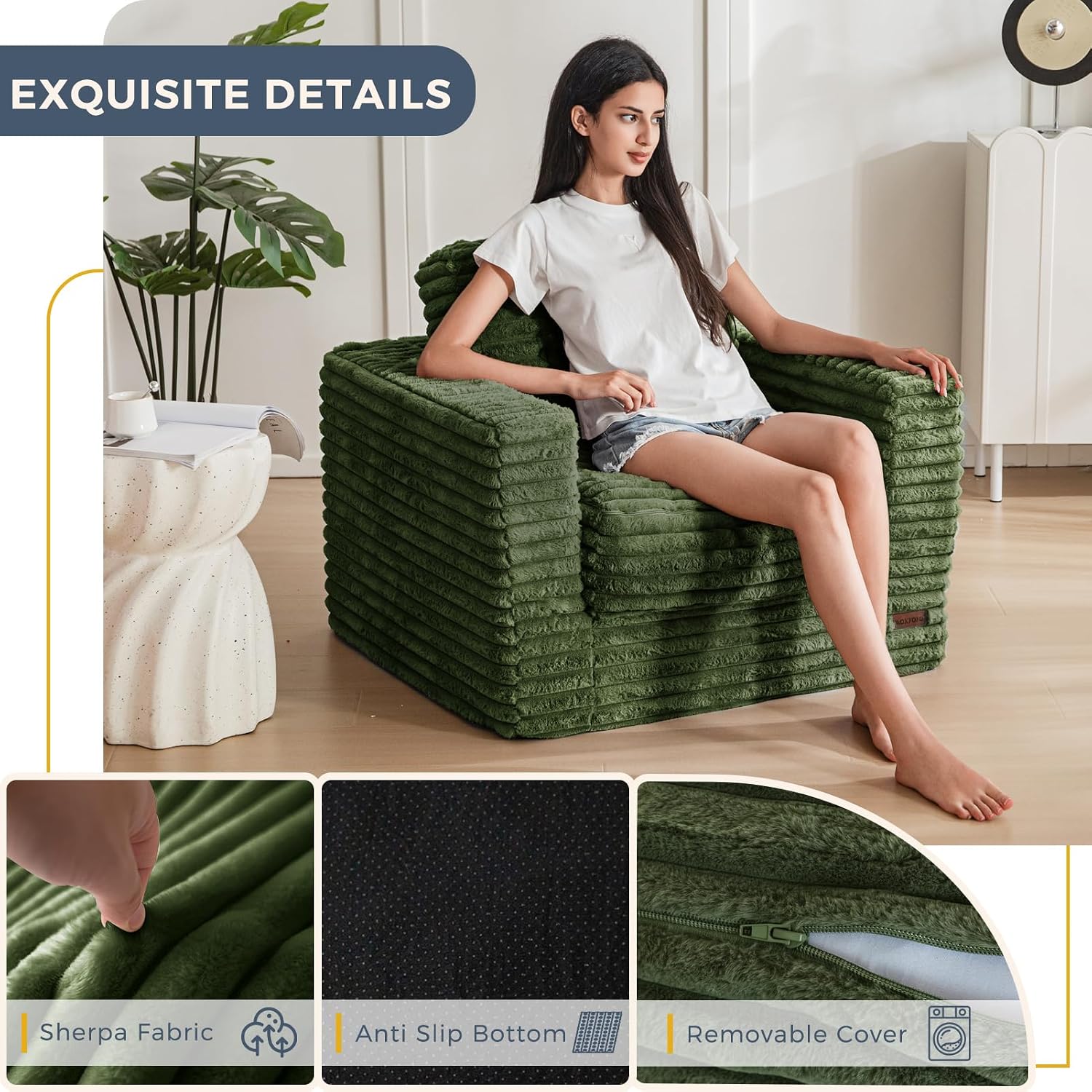 MAXYOYO Giant Bean Bag Chair for Adults, Upholstered Floor Sofa with Pillows and Armrests, Large Bean Bag Sofa Plush Chair Bean Bag Couch for Bedroom Living Room, Green