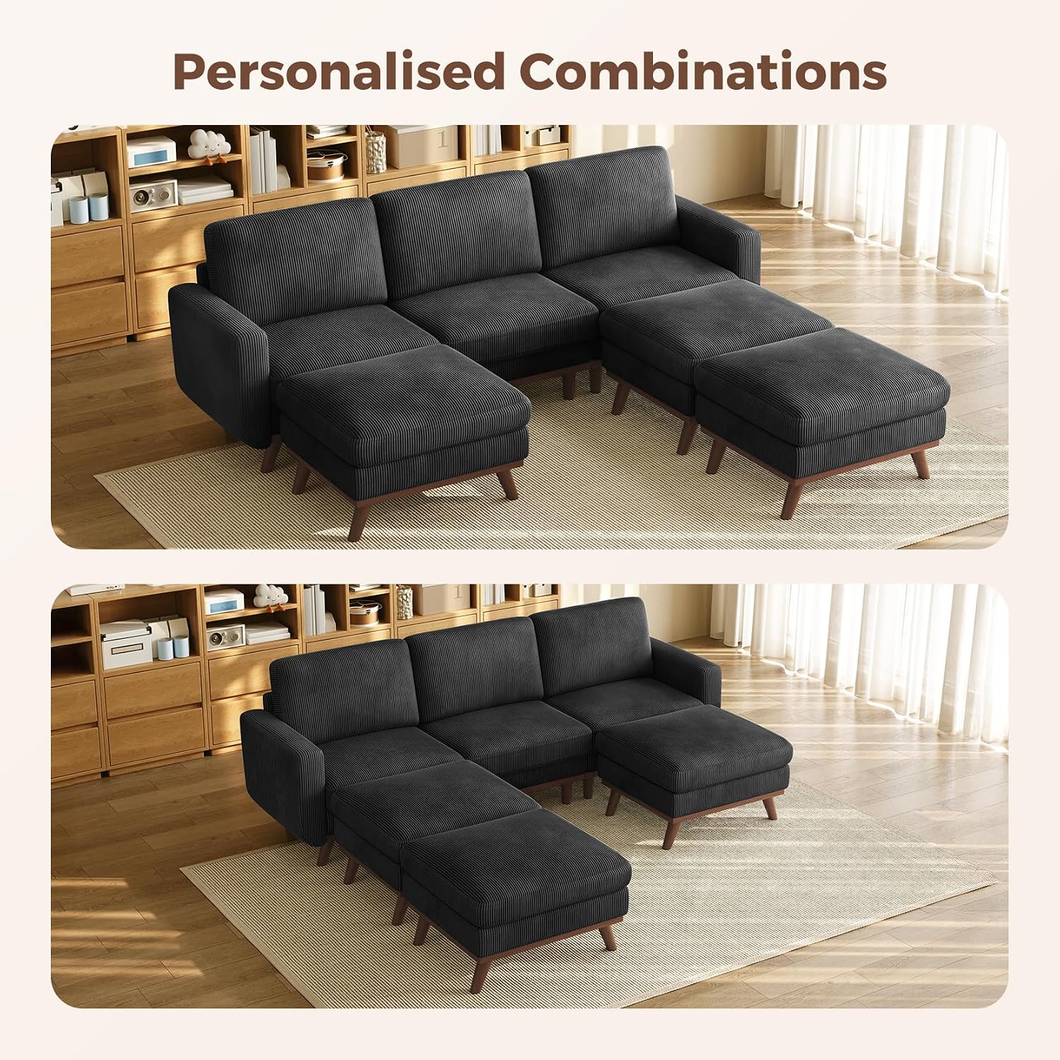 Vesgantti 97' Modular Sectional Sofa Black, Sectional Couch with Movable Ottoman, Comfy Corduroy Couch with Spring Cushion, Modular Sofa with Deep Seat for Living Room, Bedroom and Apartment