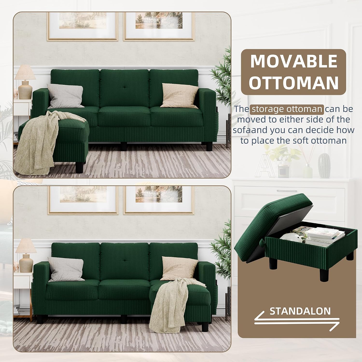 Convertible Sectional Sofa with Storage Ottoman, 77' L-Shaped 3-Seat Couch with Skin-Friendly Corduroy Fabric, Reversible Small Sectional for Small Space, Apartment, Living Room and Office(Green)