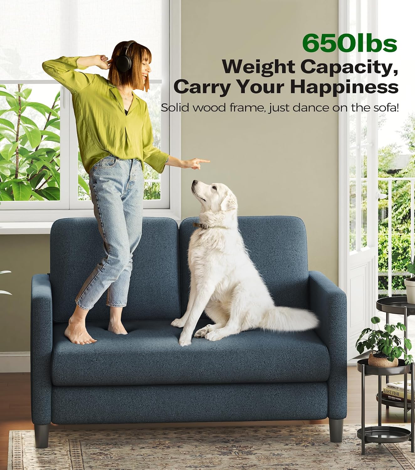 Welzona Loveseat, 51' Small Couch, Comfy Teddy Love Seat for Living Room, Tool-Free Setup Loveseat Sofa for Small Spaces, All-Wood Small Sofa Couch for Bedroom, Blue Grey