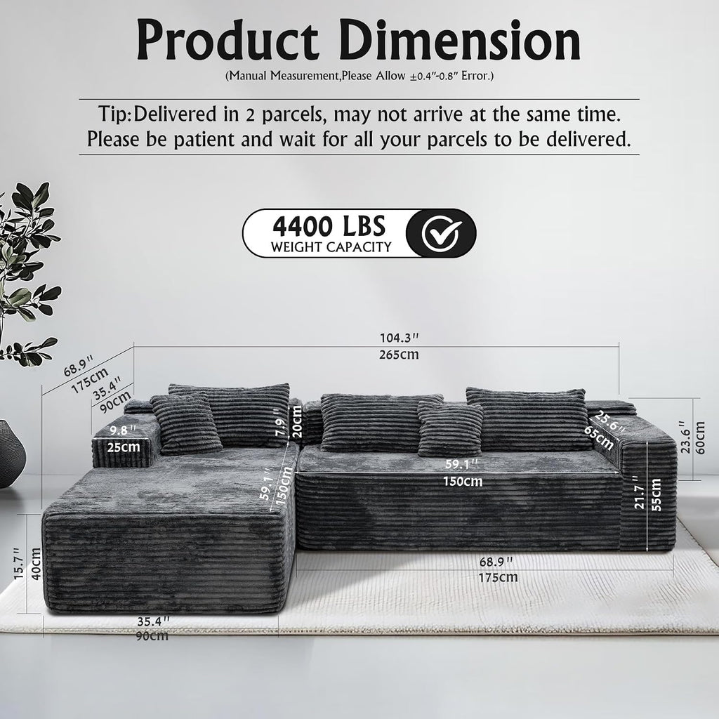 Sectional Couches for Living Room Corduroy Couch, 104' Cloud Boneless Couch with L-Shape Chaise, Modern Modular Sofa, Deep Seat Comfort, No Assembly Required(Plush Corduroy, Left Facing Chaise)