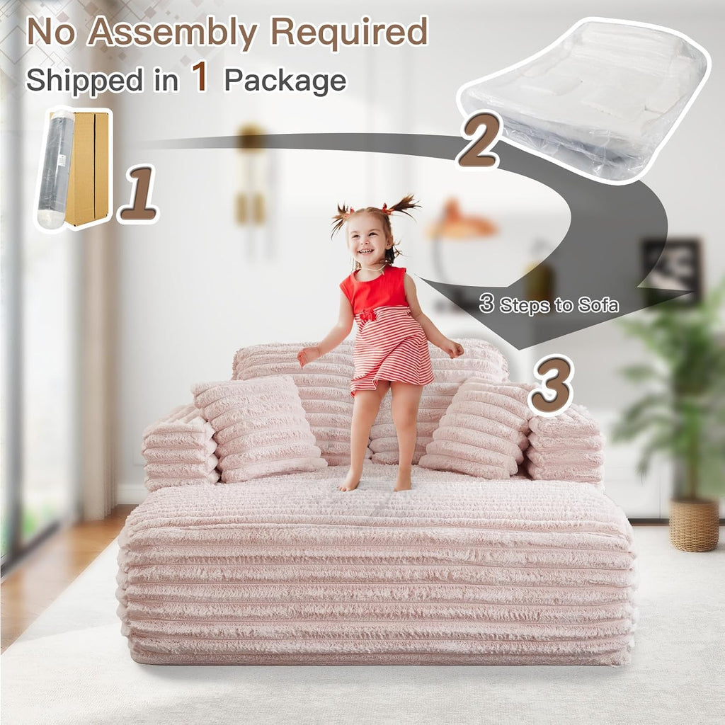 JEEOHEY 56' Oversized Chaise Lounge Chair Indoor,Plush Faux Fur Sleeper Sofa Couch Bed with Pillows&Wide Armrests,Fluffy Comfy Cloud Couch,Compression Foam Couch for Living Room,Bedroom(Pink)