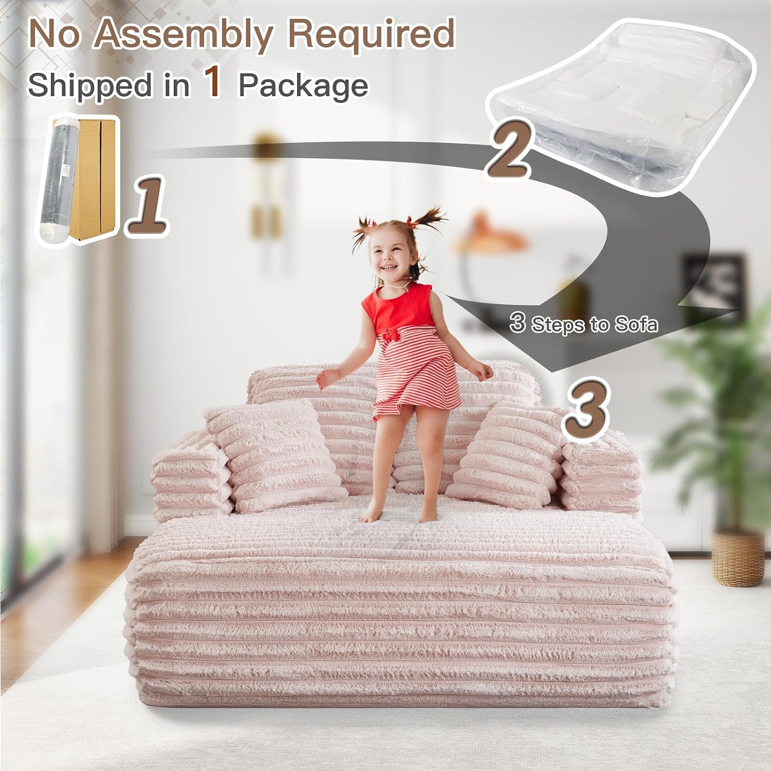 JEEOHEY 56' Oversized Chaise Lounge Chair Indoor,Plush Faux Fur Sleeper Sofa Couch Bed with Pillows&Wide Armrests,Fluffy Comfy Cloud Couch,Compression Foam Couch for Living Room,Bedroom(Pink)