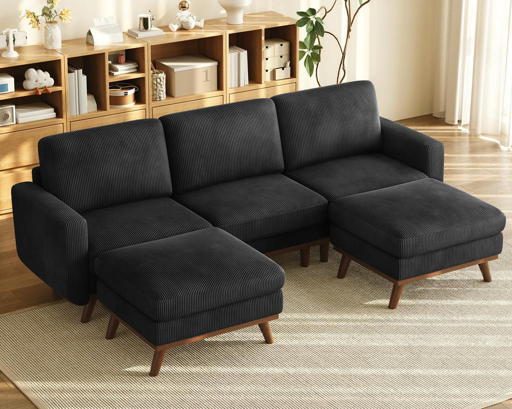 Vesgantti 97' Modular Sectional Sofa Black, U-Shaped Couch with Movable Ottoman, Comfy Corduroy Couch with Spring Cushion, Modular Sofa with Deep Seat for Living Room, Bedroom and Apartment