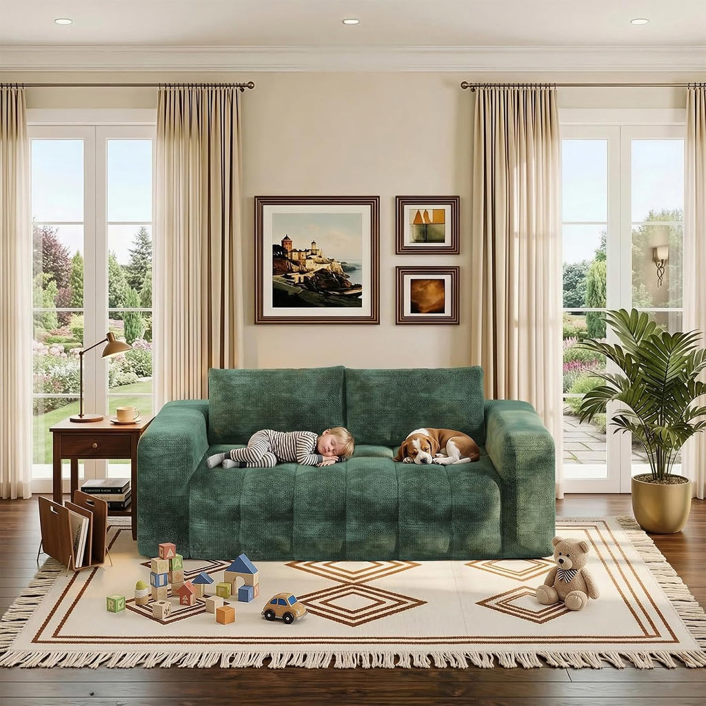 EROMMY 76'' Boneless Couch, 3 Seater Cloud for Living Room, Oversize Loveseat Sofa with Wide Armrest and 2 Back Support, No Assembly Required Chenille Soft Sofa, Dark Green
