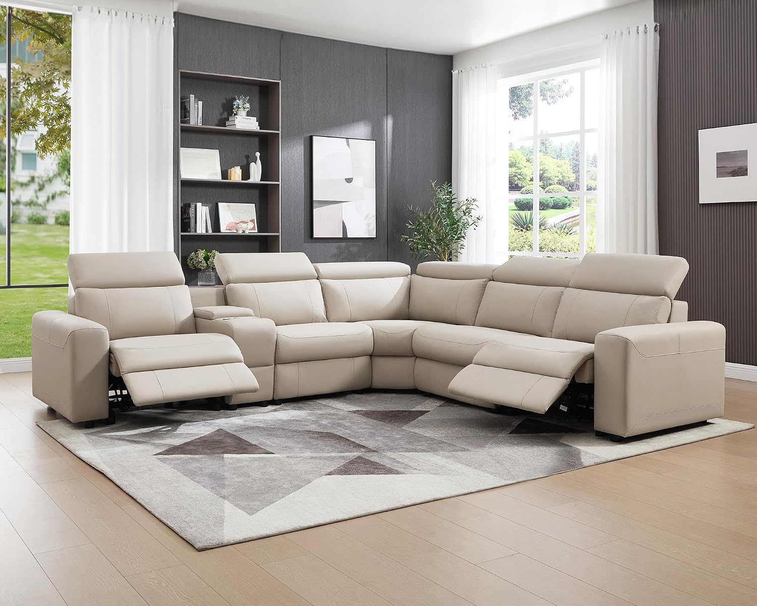 AMERLIFE Power Recliner Sectional Sofa with Storage/USB Port, Leather Recliner Sofa with Adjustable Headrest, Reclining Sectional Couches with Console and Cup Holder for Living Room (Beige Brown)