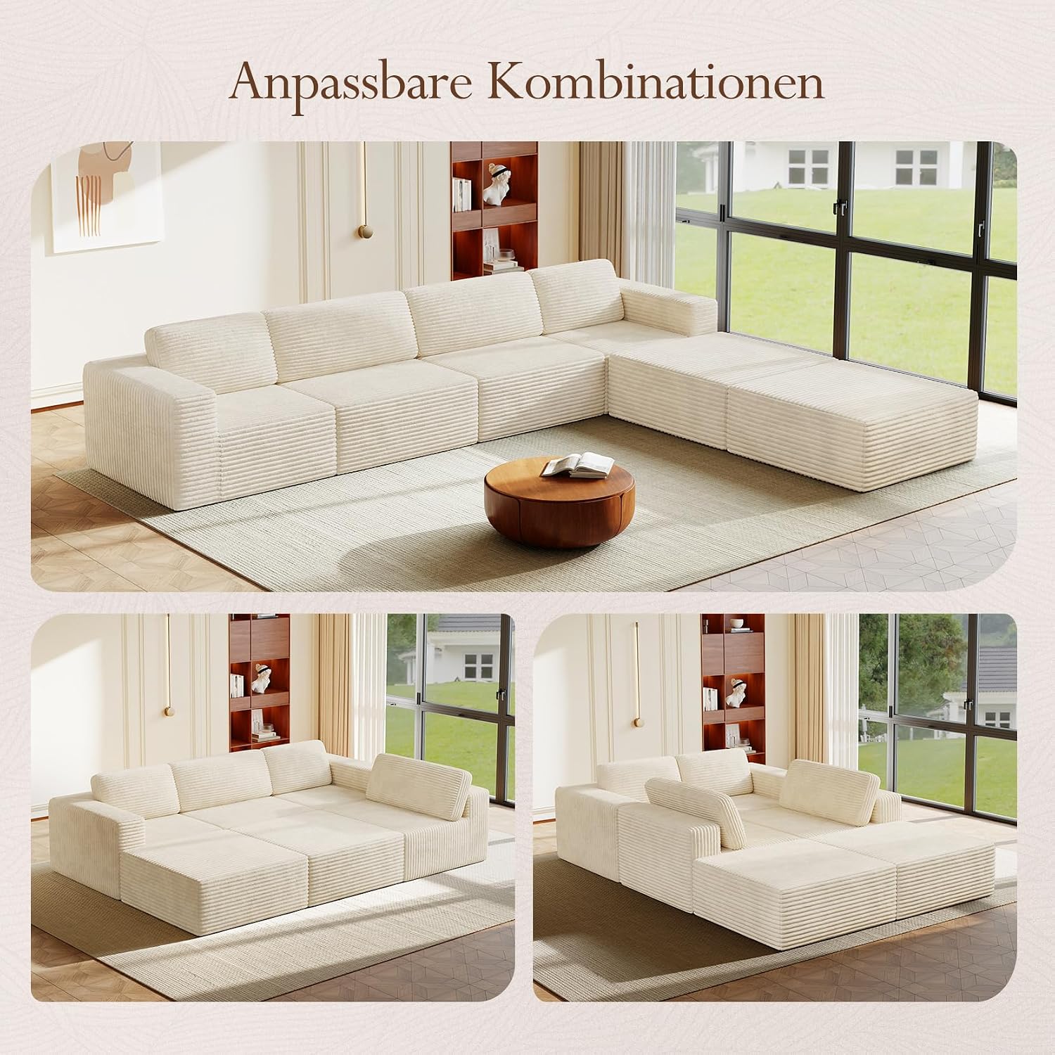 Vesgantti 159' Large Modular Sectional Sofa, U-Shaped Corduroy Cloud Couch with Deep Seats & Spring Support, 4-Seater Boneless Sofa with 2 Movable Ottomans, No Assembly Needed, Beige