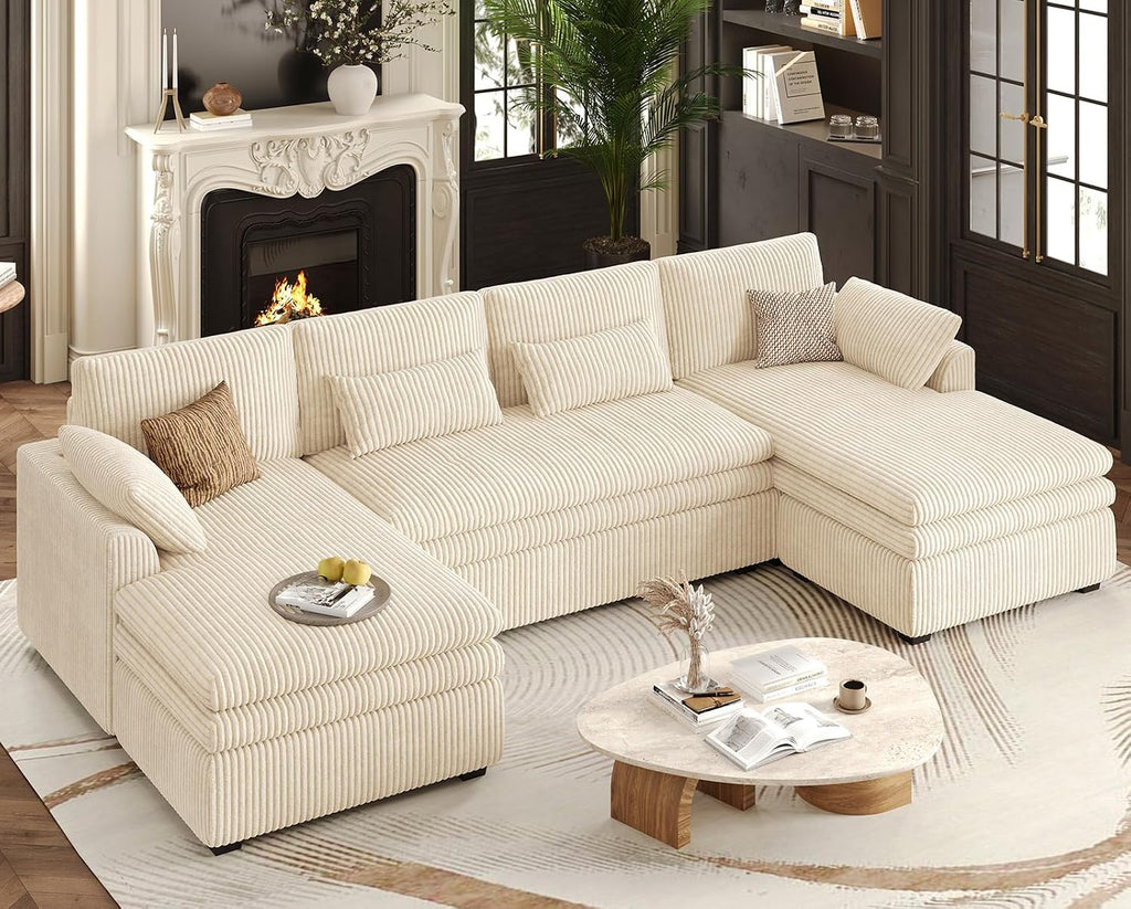 Belffin Large Modular Sectional Sofa with Double Deep Chaise, 135' Corduroy U Shaped Sectional Couch with 9' Soft Dual-Layer 6 Seats U Shaped Couch for Living Room, Apartment, Beige