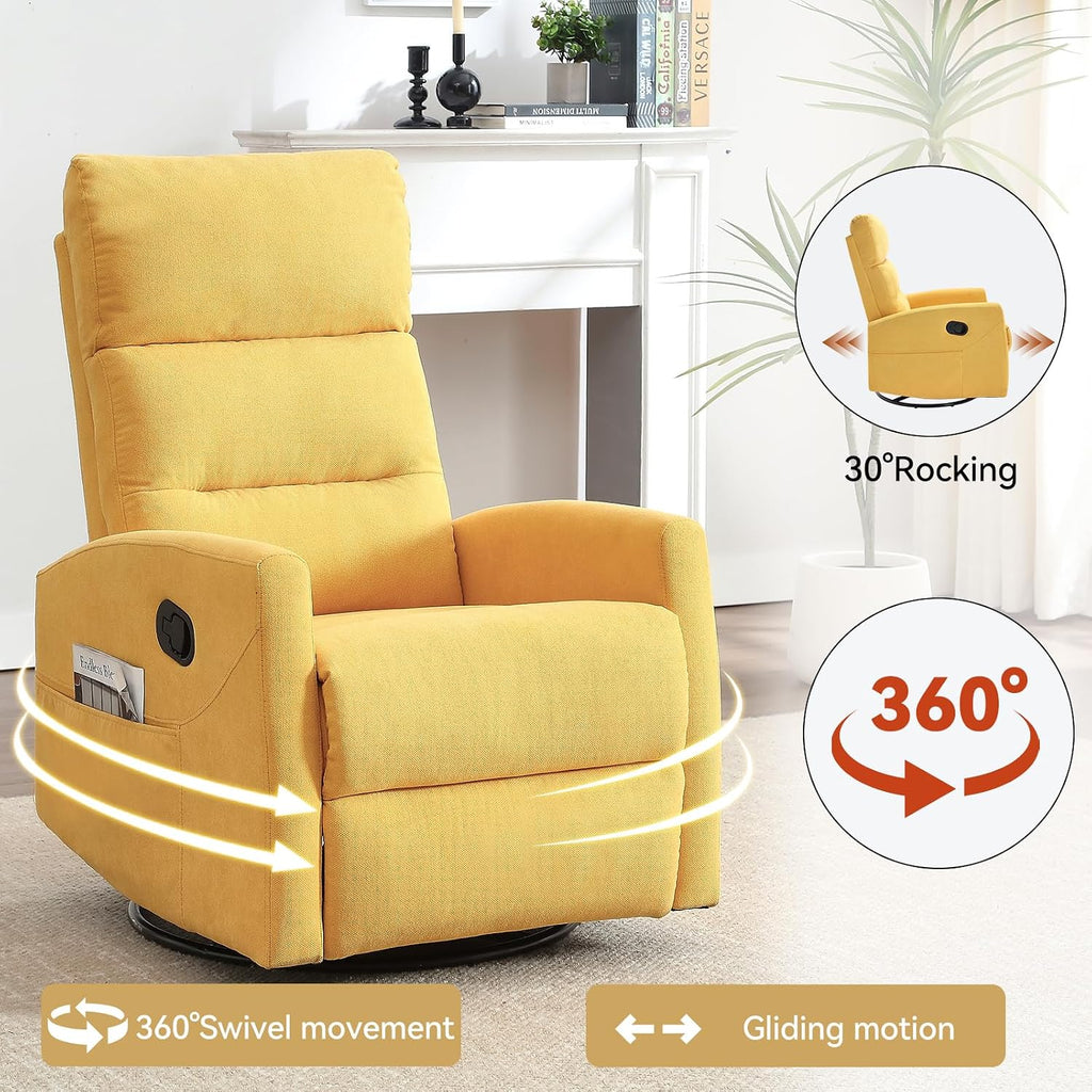 PELUMY Manual Recliner Chair, 360° Swivel Glider and Rocker Recliner with 155° Recline, Compact Fabric Recliner for Small Space, Nursery, Living Room, Bedroom, No Tools Assembly (Yellow)