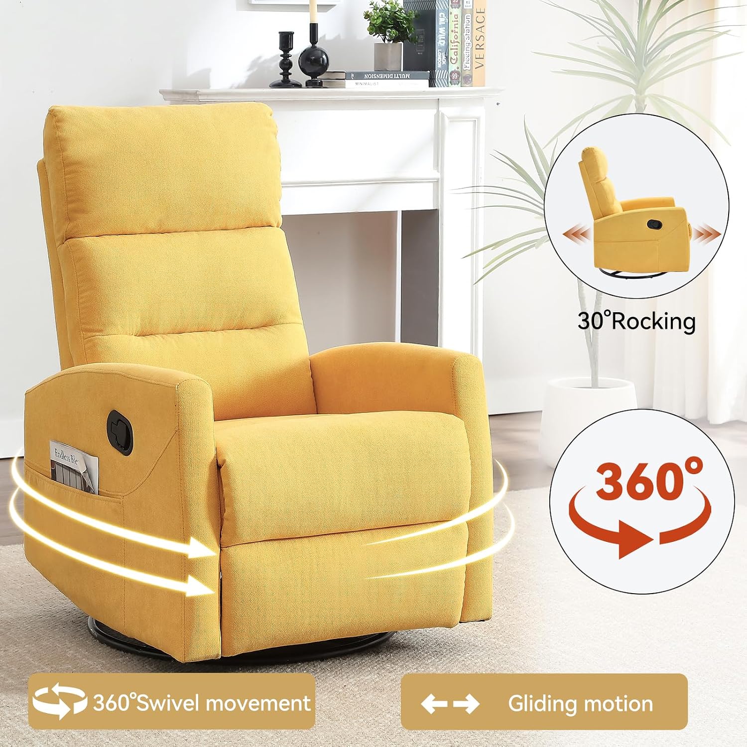 PELUMY Manual Recliner Chair, 360° Swivel Glider and Rocker Recliner with 155° Recline, Compact Fabric Recliner for Small Space, Nursery, Living Room, Bedroom, No Tools Assembly (Yellow)