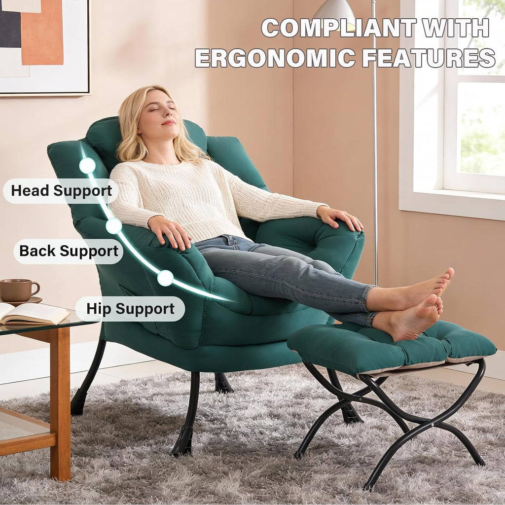 MBOOYOME Lazy Chair with Folding Ottoman, Modern Accent Armchair with Armrests and a Side Pocket & Foldable Footstool, Reading Chair for Living Room, Bedroom, Dorm & Office, Dark Green