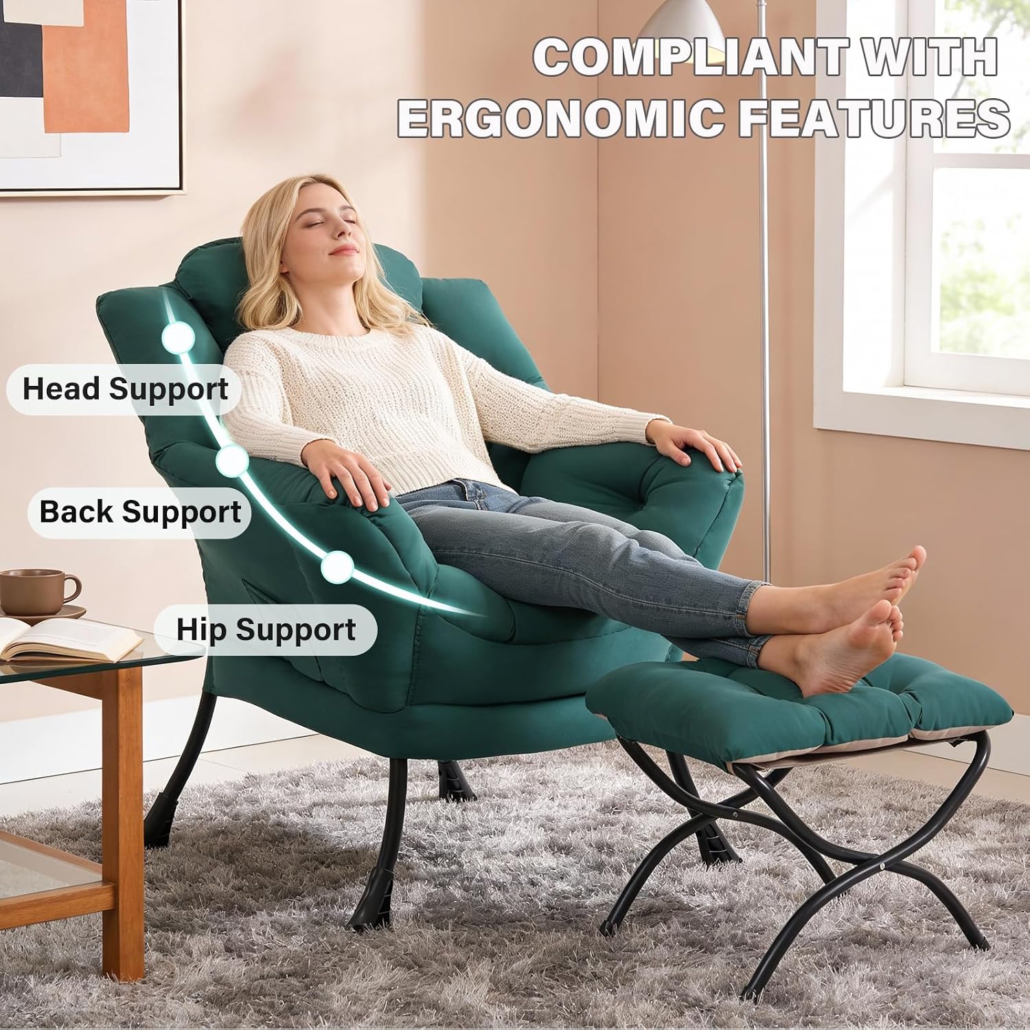 MBOOYOME Lazy Chair with Folding Ottoman, Modern Accent Armchair with Armrests and a Side Pocket & Foldable Footstool, Reading Chair for Living Room, Bedroom, Dorm & Office, Dark Green