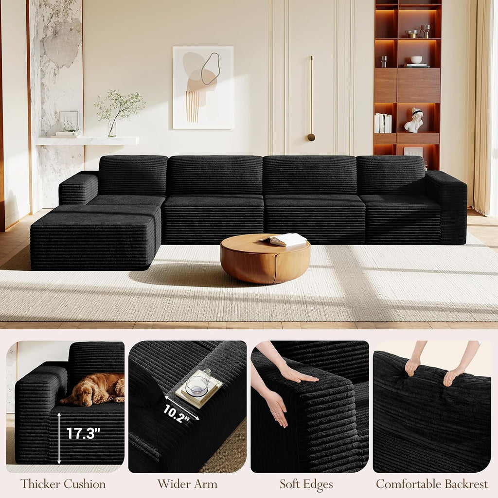 Vesgantti 159' Large Modular Sectional Sofa, L-Shaped Corduroy Cloud Couch with Deep Seats & Spring Support, 4-Seater Boneless Sofa with Movable Ottoman, No Assembly Needed, Black