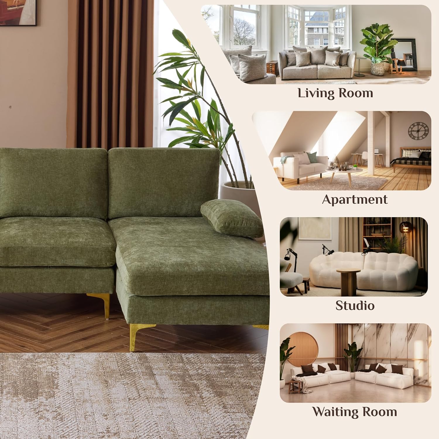 Karl home 110' Sectional Sofa U-Shaped 4-Seat Couch with Chaises Chenille Fabric Upholstered for Living Room, Apartment, Office, Green