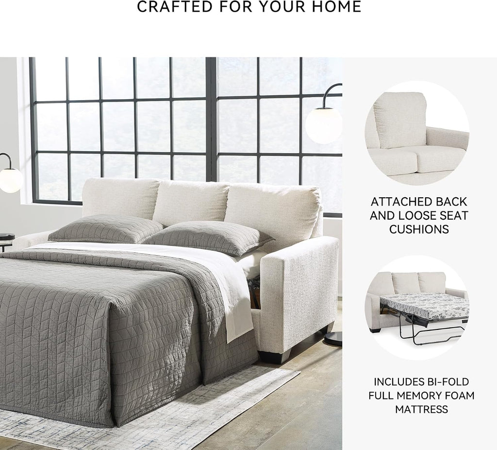 Signature Design by Ashley Rannis Coastal 2-in-1 Sofa Sleeper with Folding Gel Memory Foam Mattress, Full, White