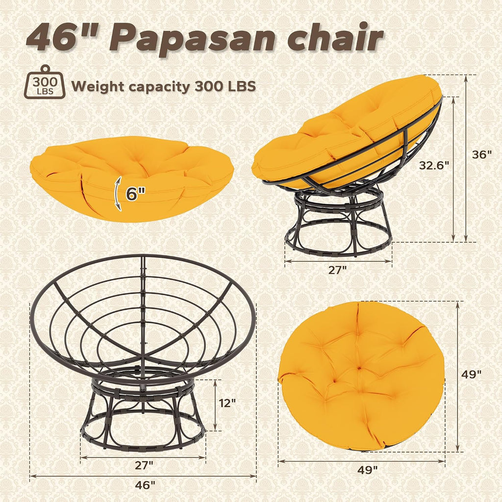 46'' Large Size Papasan Chair (Non-Swivel) with Cushion and Frame, Overstuffed Thickened Lazy Chair, Mustard Yellow