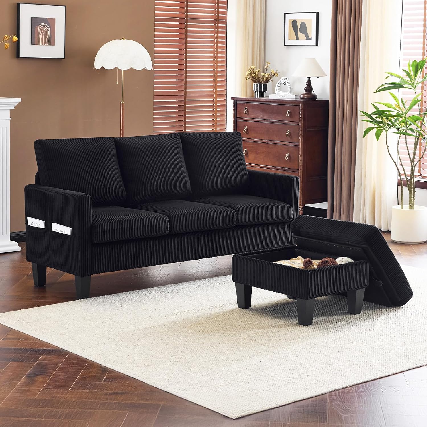 VINGLI 68.5' L Shaped Couch with Movable Storage Ottoman, Convertible Sectional Sofa in Soft Corduroy Fabric, Modern Reversible Chaise Couch for Small Spaces, Apartment, Living Room，Black